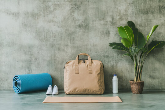 Workout essentials arranged neatly in a modern fitness area featuring a yoga mat, bag, water bottle, and plant - Powered by Adobe