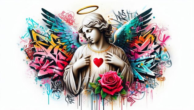 Anael urban love angel, heart and rose graffiti art illustration