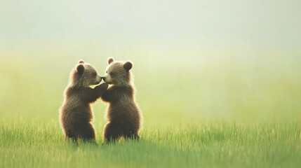 Obraz premium A pair of brown bears sharing a verdant meadow, surrounded by towering blades of grass