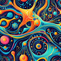 Fototapeta premium Abstract swirls of bright colors like orange, blue, yellow and pink create a mesmerizing pattern. Small circles and dots add detail and texture to the design. Seamless pattern, one tile