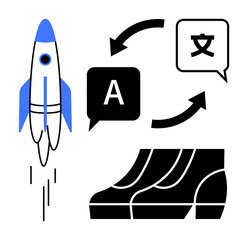 Fototapeta premium Rocket taking off, language translation symbols A and , arrows in circular loop, shoes. Ideal for business growth, globalization, communication, marketing, technology innovation education