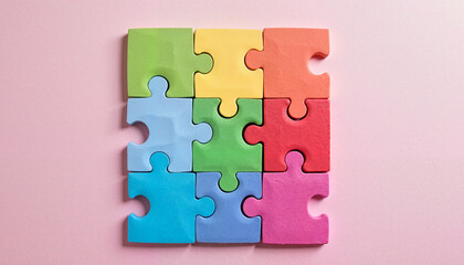 Colorful puzzle pieces arranged on pink background