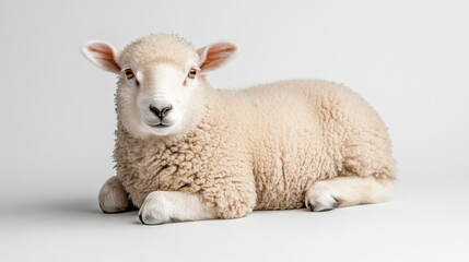 Obraz premium Adorable young sheep resting comfortably on a soft surface, showcasing its fluffy white wool and expressive eyes in a serene and peaceful setting