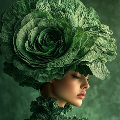 profile portrait of a woman with hat and dress made of cabbage. Surreal concept. Healthy green food full of vitamins