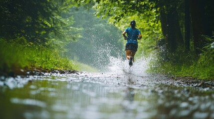 Fototapeta premium Trail Runner in a Lush Forest, a Scenic Run Through Nature's Embrace