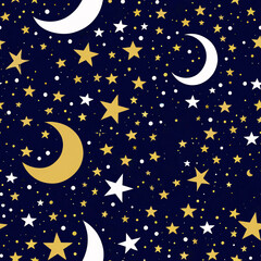 A seamless pattern of golden and white crescent moons on a dark blue background, scattered with white and yellow stars, evoking a magical starry night sky, one tile