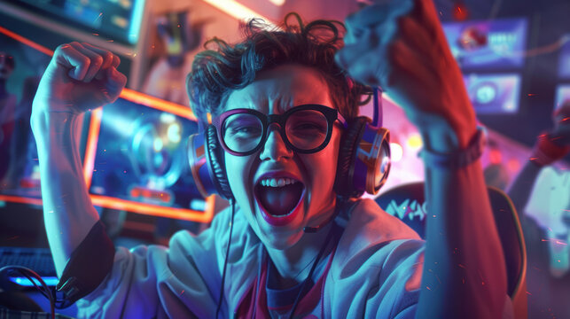 Excited Gamer Celebrates High Score Triumph in Competitive Environment