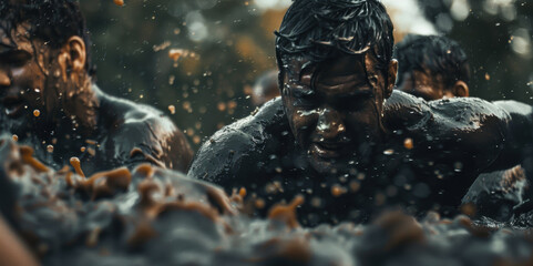 Intense Team Challenge: Friends Conquer Tough Mudder Race Obstacles Together