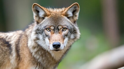 Fototapeta premium Red wolf portrait, forest background, wildlife