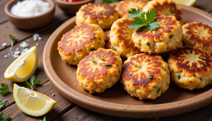 Fototapeta premium Delicious homemade corn fritters on wooden plate