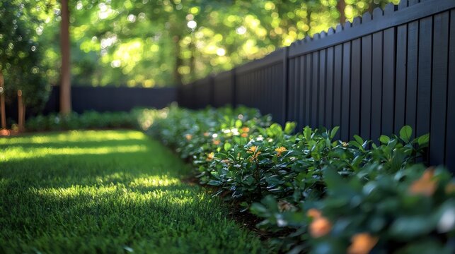 A black fence with green bushes in front of it
