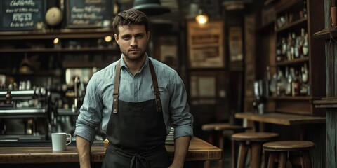Man in a black apron with brown leather straps, peering through a serious gaze from beneath a gray shirt—intense focus captured in this close-up portrait