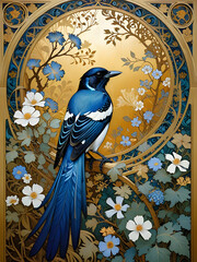 Decorative art nouveau illustration of a magpie in an ornate decorative golden background