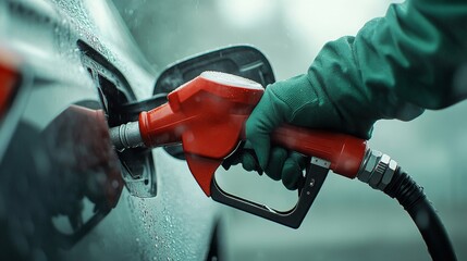 Refueling a Vehicle at a Gas Station During Rainy Weather