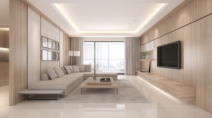 Modern light-toned living room with city view. Interior design. Potential use as home decor inspiration
