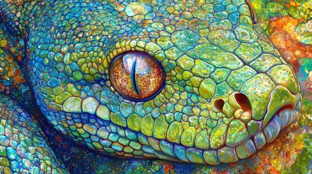 Close-up Portrait of a Vivid Green Tree Python