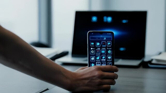  Futuristic Hand Interacting with Holographic Display on Desk

