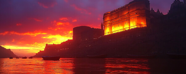Dramatic sunset illuminates ancient fortress on riverbank. Fiery sky reflects on calm water, creating stunning, atmospheric image perfect for travel, history, or fantasy projects.