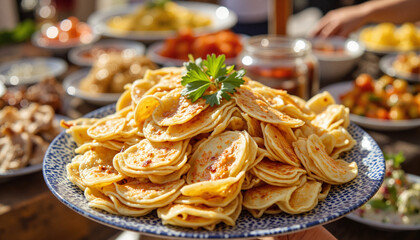 Delicious g&ouml;zleme platter with cilantro in Turkish market setting, Ramadan, Halal Food Platter,