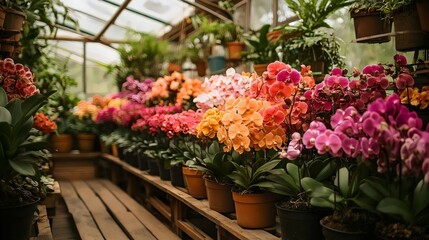 Obraz premium A greenhouse filled with a variety of colorful flowers, including pink, orange