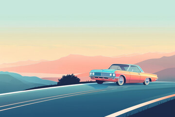 Stylish retro car driving on winding road with scenic mountain landscape in background. Concept of nostalgic road trip
