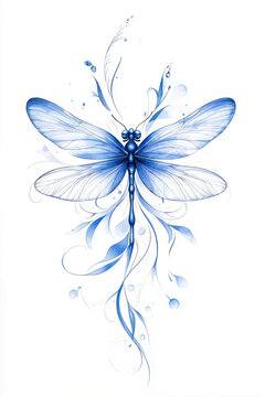 A blue dragonfly tattoo design on a white background