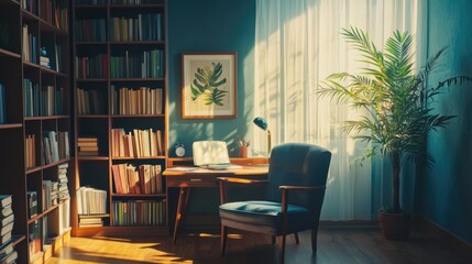 Sunlit Study Corner: Books, Plants, and a Comfortable Armchair