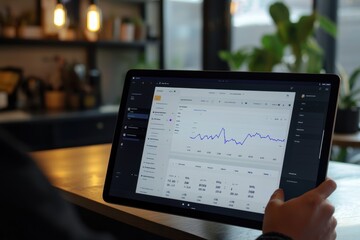 Shopify Entrepreneur Monitoring Sales Performance on a Tablet Screen with Analytics Dashboard