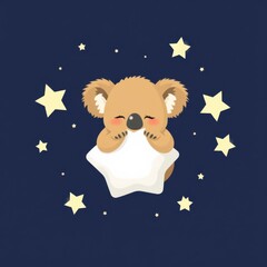 Fototapeta premium Dreamy koala bear hugging a star-shaped pillow against a dark blue background sprinkled with twinkling stars.