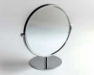 A minimalist round makeup mirror on a chrome stand, white background.