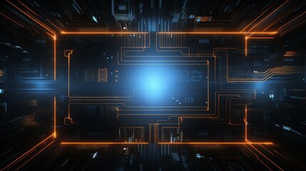 Glowing cyber grid background with floating UI elements. Abstract robotic parts background with pixelated lines and effects.