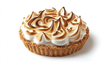 Lemon meringue pie with a buttery graham cracker crust, tangy lemon filling, and fluffy toasted meringue topping, isolated on a white background.