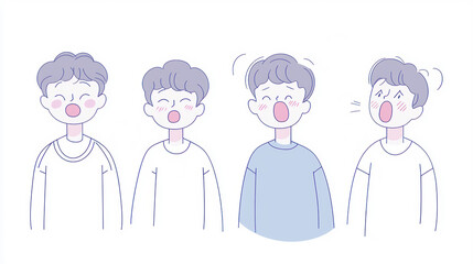 Obraz premium Four illustrated characters display various expressions, including surprise and excitement, with distinct hairstyles and clothing colors.