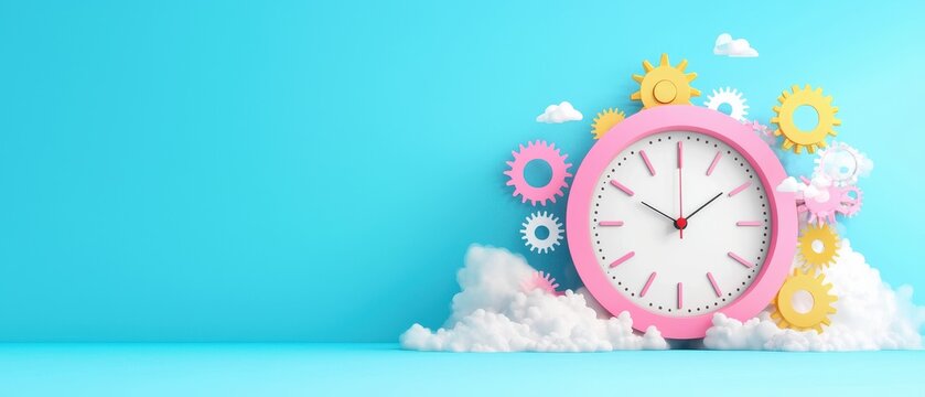 Colorful clock on cloud background with gears representing time management and productivity concepts in a creative style