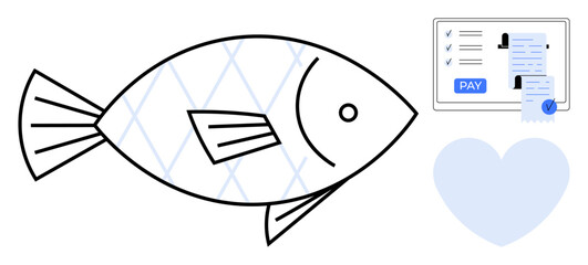 Fish next to payment form with Pay button and light blue heart. Ideal for online shopping, e-commerce, nutrition, seafood industry, love for fish, digital payments, financial transactions. Abstract