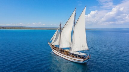 Fototapeta premium Sailing yacht cruises tropical ocean; island background; travel