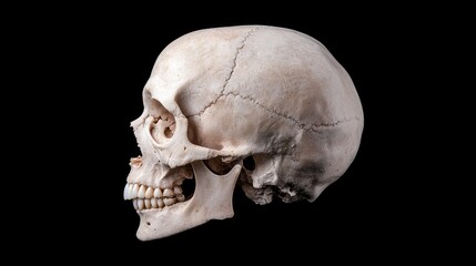 Human skull profile, anatomical study, black background, medical illustration