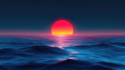Sunset over the ocean at night; digital art; vibrant colors; calming scene; background for music; travel