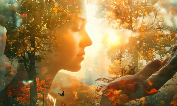 Conceptual image of a person in nature with ancestors