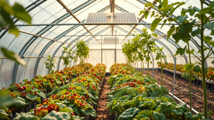 Fototapeta premium A farm that cultivates various types of vegetables using solar cell energy. Vegetables are in white greenhouses that look clean and free of germs,