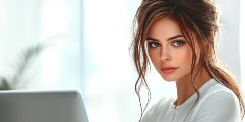 Woman working on a computer in a bright office space showcasing focus and determination