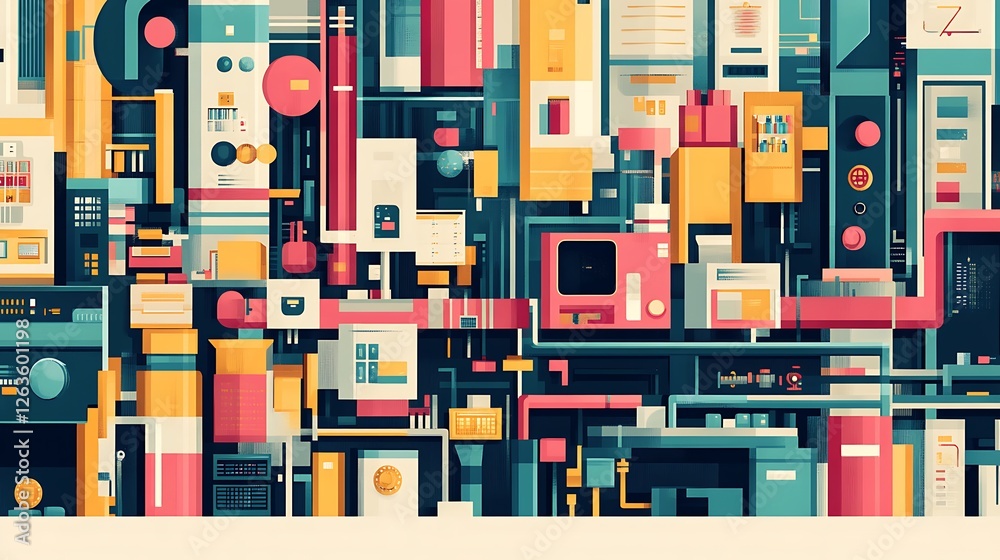 Poster abstract illustration of a complex, colorful machine or system with interconnected components and va