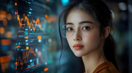 A woman with glasses is staring at a computer screen with a lot of numbers