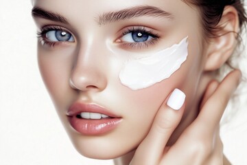 A young woman applies a creamy moisturizer to her cheek