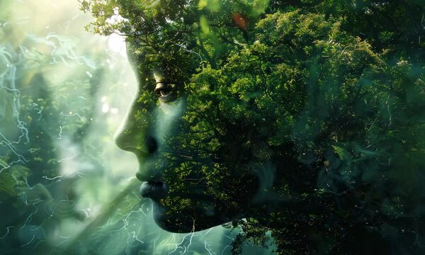 Conceptual image of a person in nature with ancestors