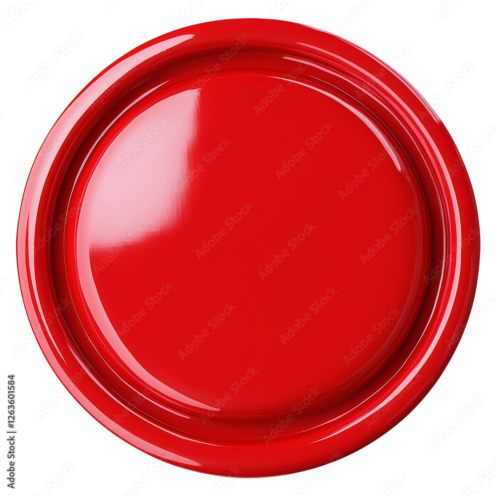 Poster shiny red round button with glossy finish and clean design on isolated background