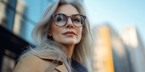 Stylish older woman with long silver hair poses confidently in urban setting during daytime
