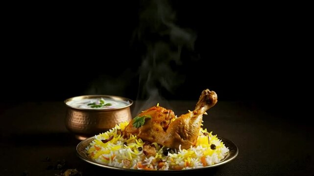 Chicken Biryani, hot steaming biryani, food stock video, biryani video, festival food, seamless looping, 4k video looping, dinner stock videos, food recipes, youtube videos, stock ai