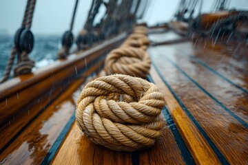 Wet wooden deck with coiled ropes on a sailing vessel
