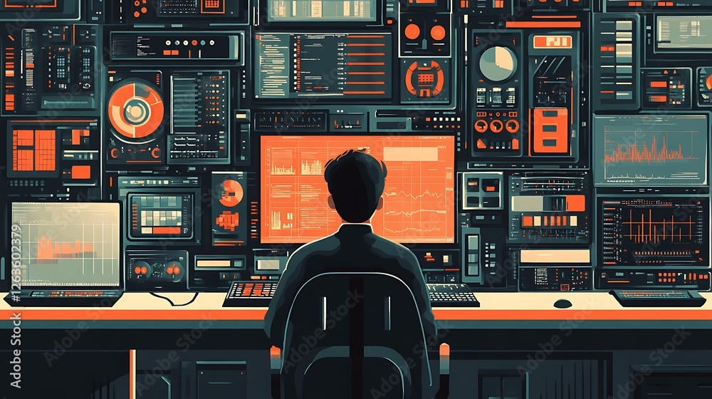 Aufkleber person sits before many computer screens displaying data graphs and charts.